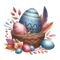 AI generated Watercolor colorful cute easter eggs style with flower in bamboo basket , hand drawn pastel Easter egg day. on transparency png file format