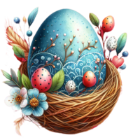 AI generated Watercolor colorful cute easter eggs style with flower in bamboo basket , hand drawn pastel Easter egg day. on transparency png file format