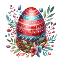 AI generated Watercolor colorful cute easter eggs style with flower in bamboo basket , hand drawn pastel Easter egg day. on transparency png file format