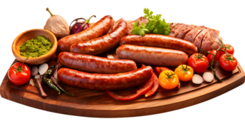 AI generated various kinds of sausages served on a wooden platter PNG