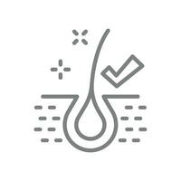 Healthy hair and scalp icon. Line vector symbol with checkmark.