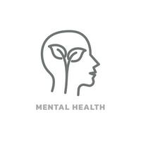 Mental health line vector icon. Human head profile and flower leaf, editable stroke mind symbol.