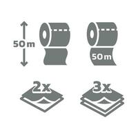 Toilet paper roll length and 2 and 3 layers vector icon set. 50 meters layered long roll paper icons.