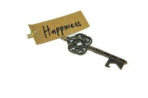 Old decorative key and handwritten tag Happiness tied with straw rope on white background photo