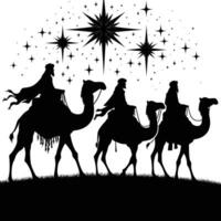 Happy epiphany day design. Silhouette of Three wise men on camel, bright star, nativity of Jesus vector