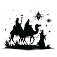 contento Epifanía día diseño. silueta de Tres sabio hombres en camello, brillante estrella, natividad de Jesús vector