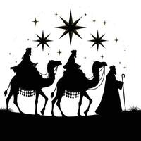 contento Epifanía día diseño. silueta de Tres sabio hombres en camello, brillante estrella, natividad de Jesús vector