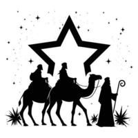 contento Epifanía día diseño. silueta de Tres sabio hombres en camello, brillante estrella, natividad de Jesús vector