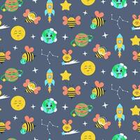 Cute cartoon space bees, planets, constellations, spaceship seamless pattern. Cosmic dark childish background. Outer space digital paper. vector