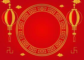 rojo chino nuevo año antecedentes. chino nuevo año saludo tarjeta con circulo para rebaja productos vector diseño con dorado chino marco ornamento y linterna.