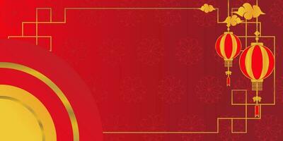 red chinese new year background with lantern decoration and gold lines. design free copy space area. vector for poster, greeting card, social media, web, banner.