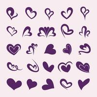 Set of hand drawn hearts on a purple background. Vector illustration.