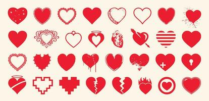 Big set of red hearts on a cream color background. Vector illustration for your design.