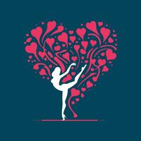 Drawings of a dancing girl silhouette with hands raised and hearts vector