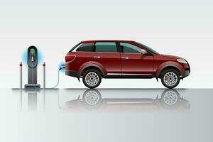 Electric SUV car Charging at Charger Station, Ev Vehicle. vector