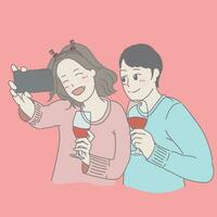 a couple taking a selfie with a bottle of wine vector