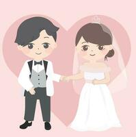 bride and groom with rings, a pair of cute cartoon couple with a heart vector