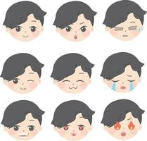 a set of cute expressions with different faces, in the style of aestheticized violence, song dynasty, nintencore, creative commons attribution, lit kid, handsome, sterling silver highlights vector