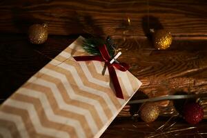 Christmas gift bags with decor and Christmas ornament. photo