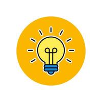 Glowing light bulb icon on yellow circle background. Creativity idea symbol vector