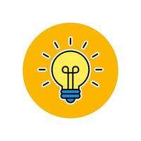 Glowing light bulb icon on yellow circle background. Creativity idea symbol vector