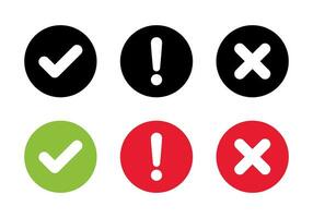 Checkmark, exclamation, and cross mark icon on circle background. Check, warning, and x symbol vector