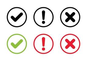 Checkmark, exclamation and cross mark icon on circle line. Check, warning, and x symbol vector