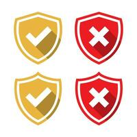 Checkmark and cross icon on shield. Check and x symbol vector with long shadow