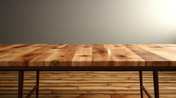 AI generated Elegant Honey Maple Wooden Table, Ideal for Product Placement Mockup with a Soft Morning Light and Blurry Urban Background - Perfect for Modern Interiors and Creative Display Mockups photo