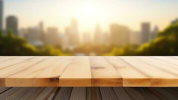 AI generated Elegant Honey Maple Wooden Table, Ideal for Product Placement Mockup with a Soft Morning Light and Blurry Urban Background - Perfect for Modern Interiors and Creative Display Mockups photo