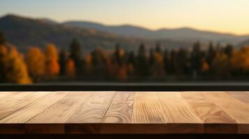 AI generated Elegant Honey Maple Wooden Table, Ideal for Product Placement Mockup with a Soft Morning Light and Blurry Urban Background - Perfect for Modern Interiors and Creative Display Mockups photo