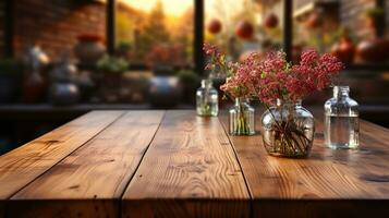 AI generated Elegant Honey Maple Wooden Table, Ideal for Product Placement Mockup with a Soft Morning Light and Blurry Urban Background - Perfect for Modern Interiors and Creative Display Mockups photo