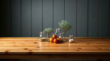 AI generated Elegant Honey Maple Wooden Table, Ideal for Product Placement Mockup with a Soft Morning Light and Blurry Urban Background - Perfect for Modern Interiors and Creative Display Mockups photo