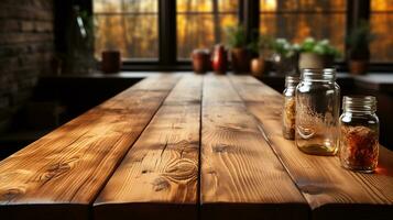 AI generated Elegant Honey Maple Wooden Table, Ideal for Product Placement Mockup with a Soft Morning Light and Blurry Urban Background - Perfect for Modern Interiors and Creative Display Mockups photo