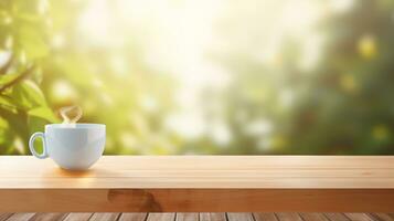 AI generated Elegant Honey Maple Wooden Table, Ideal for Product Placement Mockup with a Soft Morning Light and Blurry Urban Background - Perfect for Modern Interiors and Creative Display Mockups photo