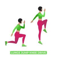 Vector Woman Doing Lunge Jump Knee Drive. Bodyweight Fitness Legs Cardio Exercise. An Educational Illustration On A White Background.