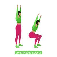 Vector Woman Doing Overhead Squat. Bodyweight Fitness Legs Workout Exercise. An Educational Illustration On A White Background.