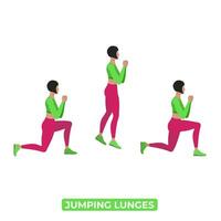 Vector Woman Doing Jumping Lunges. Split Jumps. Bodyweight Fitness Legs Workout Exercise. An Educational Illustration On A White Background.