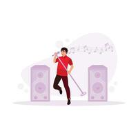 A young male singer holding a microphone on stage. Singers sing their favorite songs during concerts. Various occupations people concept. Trend Modern vector flat illustration