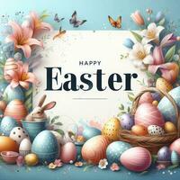 AI generated Happy easter holiday lettering, banner trendy design Easter day with bunny, flowers, eggs typography . Square invitation card text message for postcard photo