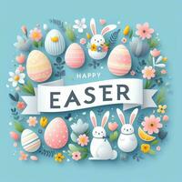 AI generated Happy easter holiday lettering, banner trendy design Easter day with bunny, flowers, eggs typography . Square invitation card text message for postcard photo