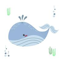 Cute whale in a hand-drawn style, sea life elements for children. Sea animals vector for your design.