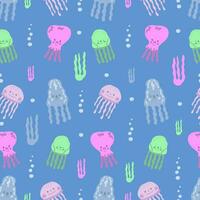 WebSeamless pattern with jellyfish in a cute hand-drawn style on blue background. Sea animal pattern for children illustration. Vector illustration.