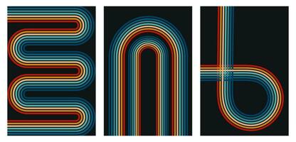 70s retro geometric posters, rainbow lines vintage print. Cool striped poster design, vector set of 1970s abstract colorful backgrounds on dark background. Vector illustration