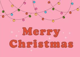 Merry Christmas Groovy Banner. Cute garlands on a pink background with sparkles. Retro card for Rizva. Vector illustration