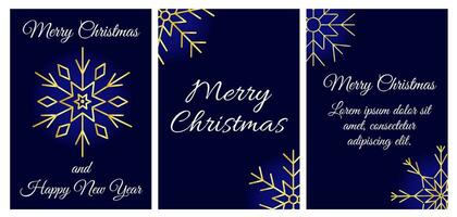 alegre Navidad y contento nuevo año. un conjunto de tarjetas con dorado copos de nieve en un oscuro azul antecedentes. bandera para el nuevo año vacaciones. vector
