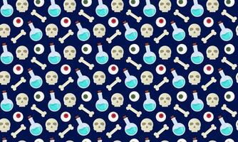 Halloween pattern. Skulls with bones and a bottle of magic potion, poison, eyeball. Seamless pattern. Vector illustration