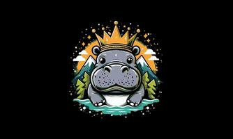 head hippo wearing crown on mountain vector artwork design