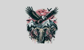 flying vulture and elephant on mountain vector artwork design