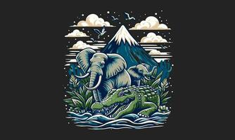 elephant and crocodile on lake vector artwork design